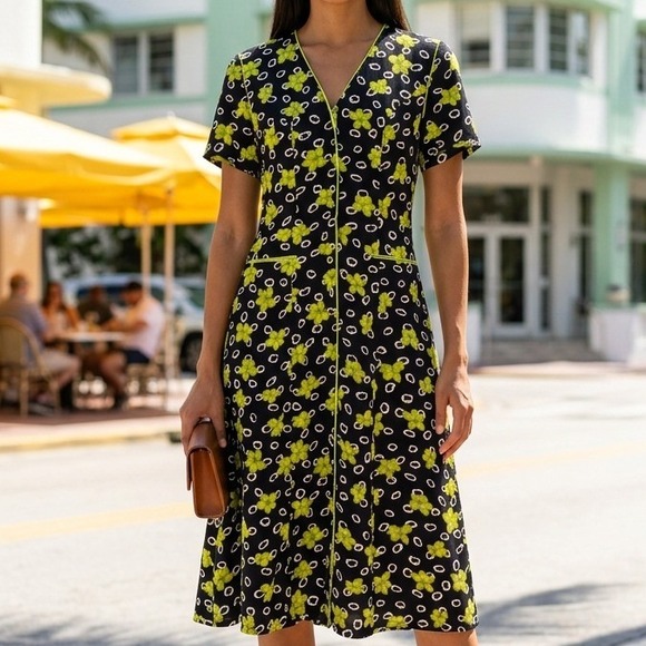 Lissinni Collection Dresses & Skirts - Lissinni Collection Midi Dress 10 Black Lime Green Floral Geometric V-Neck Retro